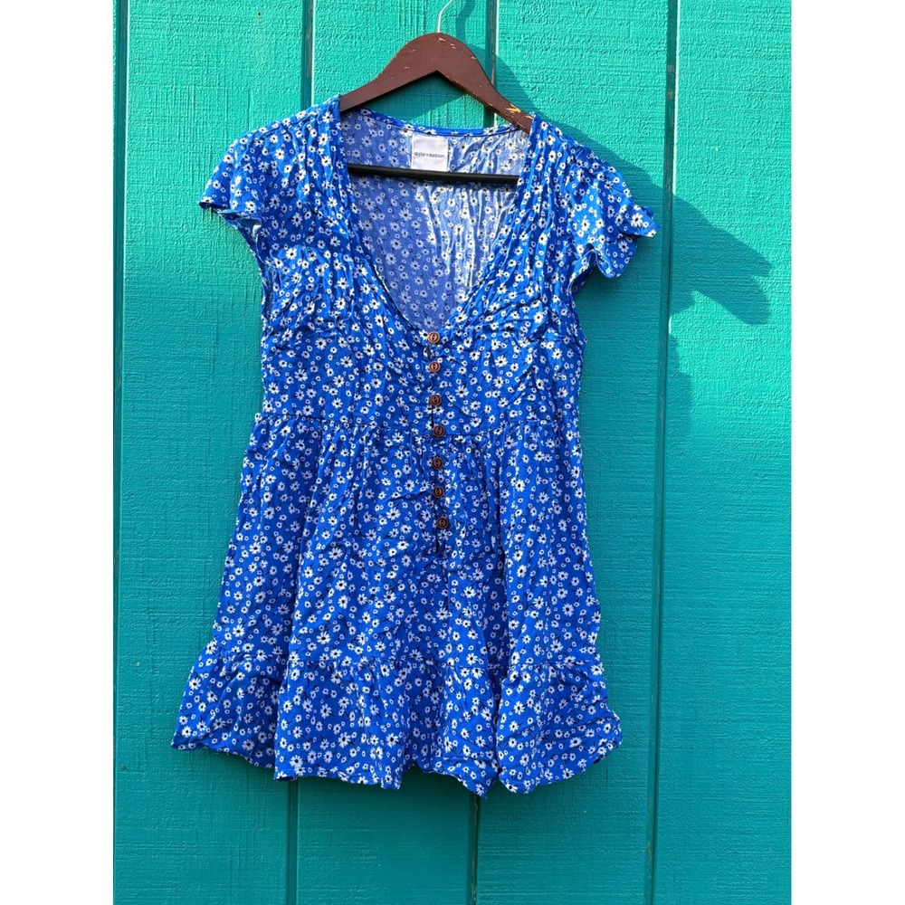 Skylar + Madison Blue‎ Daisy Floral Button Front Mini Dress Boho Ruffle V-Neck